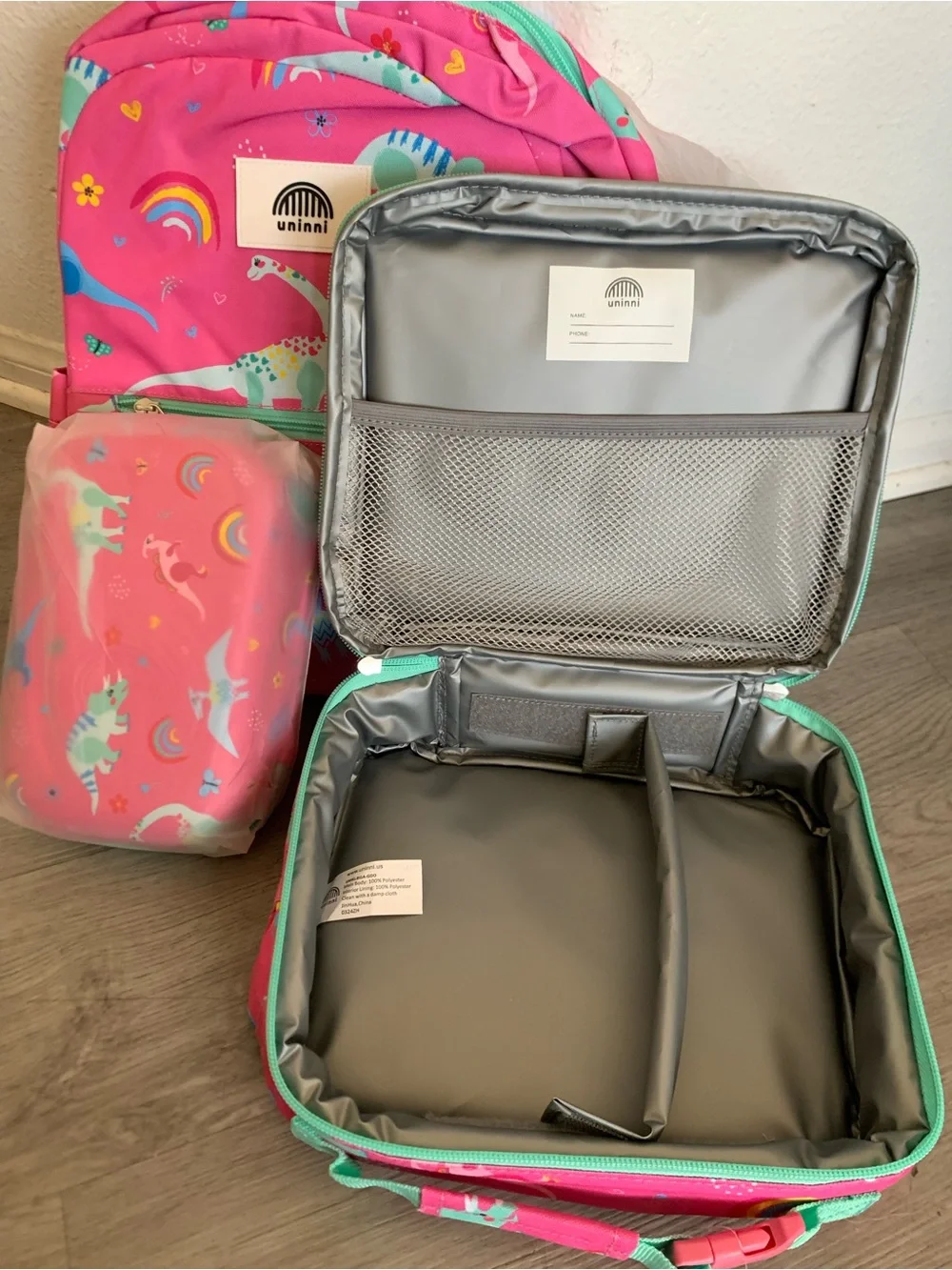 Uninni Kids Pink Dinosaur Backpack and Lunch Bag Set